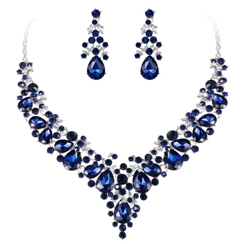 Silver Blue Sapphire & Diamond Austrian Crystal Floral Necklace & Earrings Set
